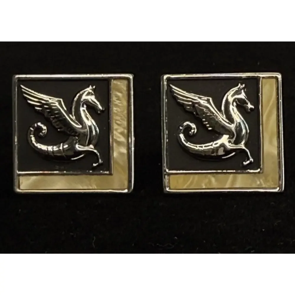 Vtg Swank Silver Toned Cufflinks Dragon Mythological Black Enamel Mother Pearl
